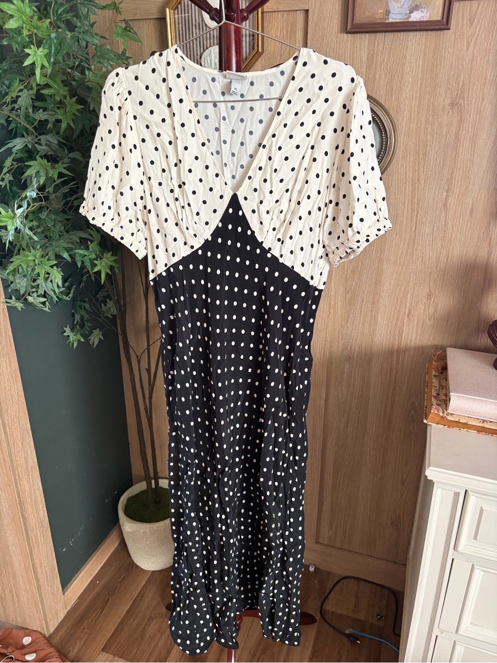 a new day Black and Cream Polka Dot V‑Neck Midi Dress
